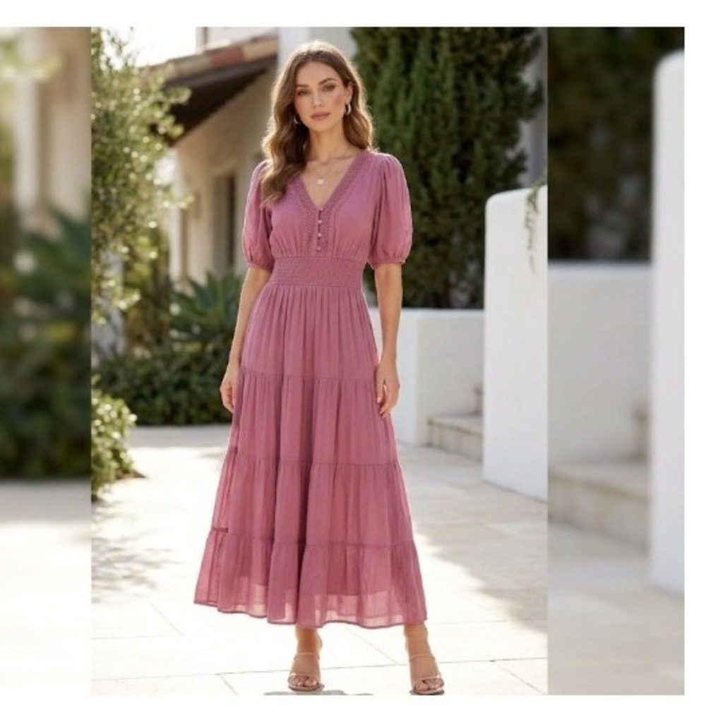 J.‎ Jill Dress Womens Mauve V Neck 1/4 Button Tiered Short Sleeve Maxi Large